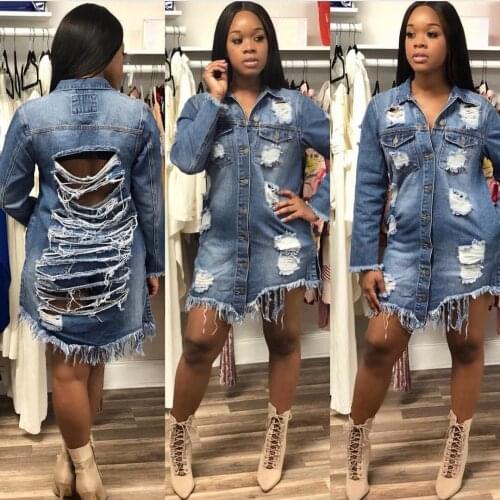 Women Denim Jacket Solid Color Back Holes Loose Folded Collar Button-Down Long Sleeve Wild Fashion Spring/Autumn/Winter Coat