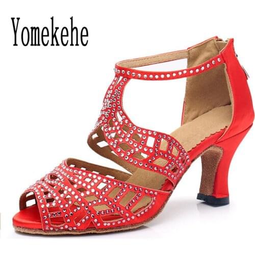 Women Ballroom Latin Dance Shoes Professional Dancing Boots Rhinestones Girls Ladies Heeled Tango Soft Outsoles Hot Selling