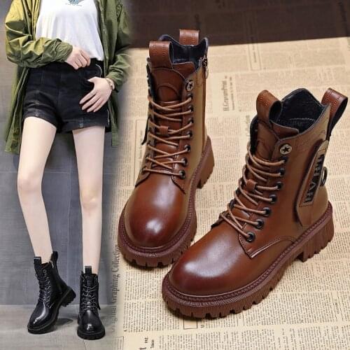 Womens 2020 New Winter British Style Net Red Thick Bottom Fleece-Lined Short Boots Trendy Ins Brush Brown Black Boots
