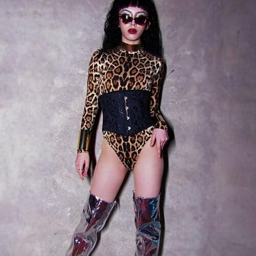 Women Sexy Leopard Bosysuit Gogo Costume Hiphop Clothes Jazz Dance Clothing Dj Nightclub Bar Ds Suit Rave Outfits Wear XS2084