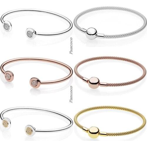 Original 925 Sterling Silver Rose Gold & Silver Snake Chain Ball Clasp Mesh Bracelet Bangle Fit Women Charm Pandora Jewelry