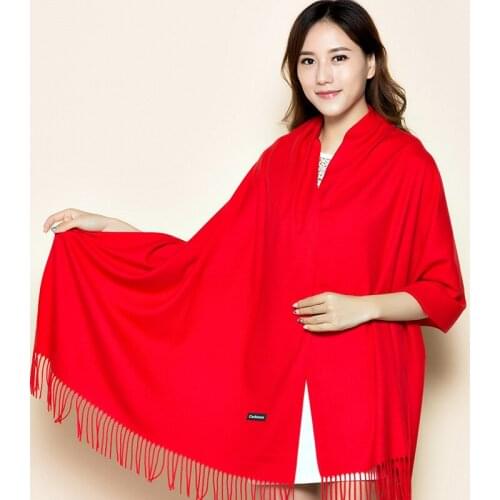 Women Winter New Cashmere Pashmina Shawl Scarf Lady Long Solid Color Tassel Wrap Shawl Oversize Soft Red Annual Meeting Scarves