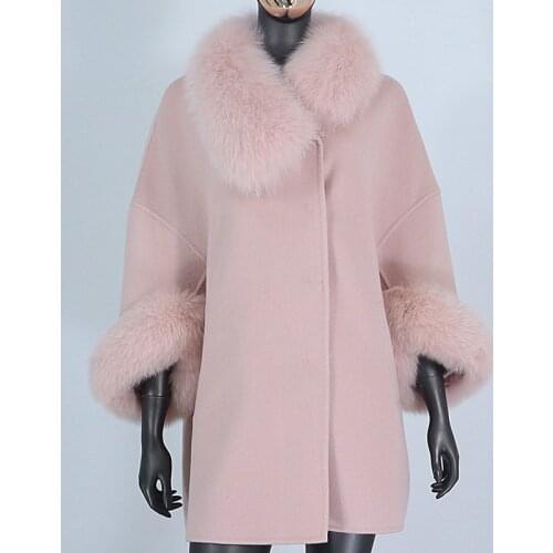 2021 Real Fur Coat Winter Jacket Women Natural Fox Fur Collar Cuffs Three Quarter Sleeve Cashmere Wool Blends Loose New Fashion