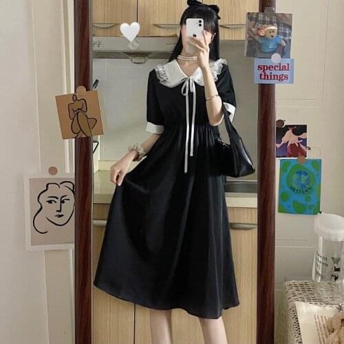 Korean Style Lace Flounce Trim Lace up Doll Collar High Waist Slimming A- line Short Sleeve Dress for Women Summer 2021 New