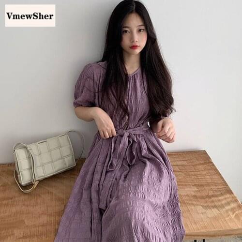 VmewSher New Summer Dress Women Short Sleeve Casual Sashes Fashion O-neck Loose High Waist Mid-calf Dress Sweet Streetwear 2020