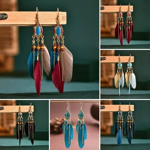 1 Pair Creative Boho Earrings Feather Drop Earrings Simple Retro Round Earings Vintage Jewelry Tassel Charm Women Accessories