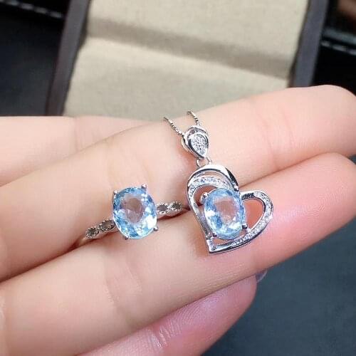 100% Real And Real Aquamarine Set 925 sterling silver,1pc Ring,1pc Pendant Anniversary Jewelry Wholesale
