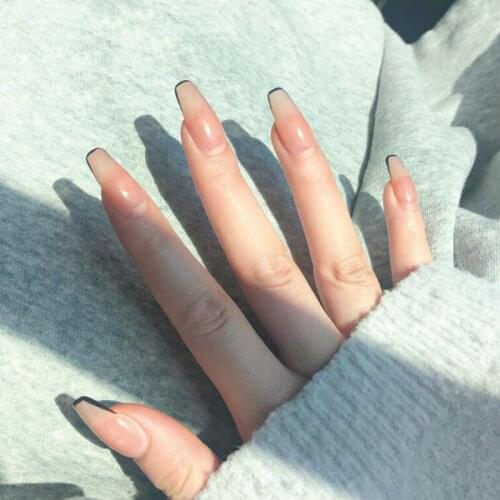 24pcs Artificial Nails With Glue French Trapezoid Wear Long Paragraph Fashion Manicure Patch False Nails Wearable Nail Patch TO