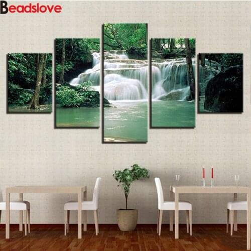 5D DIY diamond embroidery 5 Pieces Forest Lake Waterfall diamond painting Cross Stitch full square round Rhinestone mosaic decor