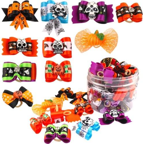 20pcs Pet Cat Dog Hair Bows With Rubber Bands Dog Hair Accessories Halloween Grooming Pet Headwear For Puppy Yorkshire Terrier