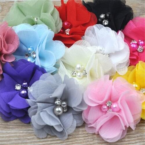 12PCS 6CM Lots Chiffon Ribbon Flowers W/ Beads Appliques Wedding Decor Bulk B284