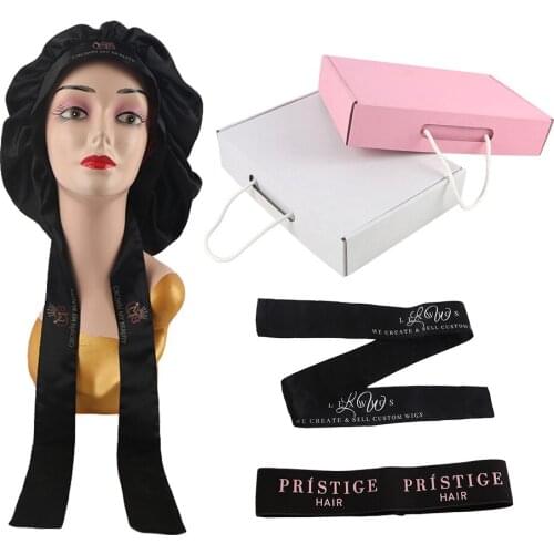 Customized brand name logo printing satin double layer bonnet with wrap band/lace melt ealstic band slaer/paper packaging box