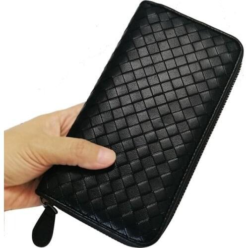 Sheep skin Wallet Women&Men Real Lether Wallet Women Knitting purses Black Long Zippper Purses Clutch Bag Evening Bag