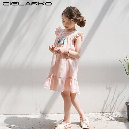 Cielarko Girls Summer Dress Cotton Kids Ruffles Vintage Dresses Casual Children Clothing Toddler Cute Home Frock for 3-10 Years