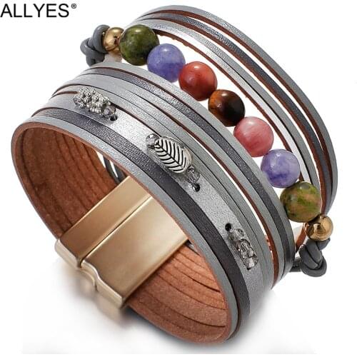 ALLYES Multilayer Leather Bracelet 7 Chakra Natural Stone Beaded Handmade Charm Wrap Bracelets Yoga Jewelry for Women