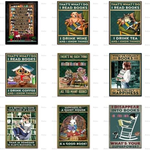 Owl Rabbit Cat Girl Reading Books Poster, Have Nose In Your Book, Book Lover Gift, Book Geek, Wall Art Prints Home Decor Canvas