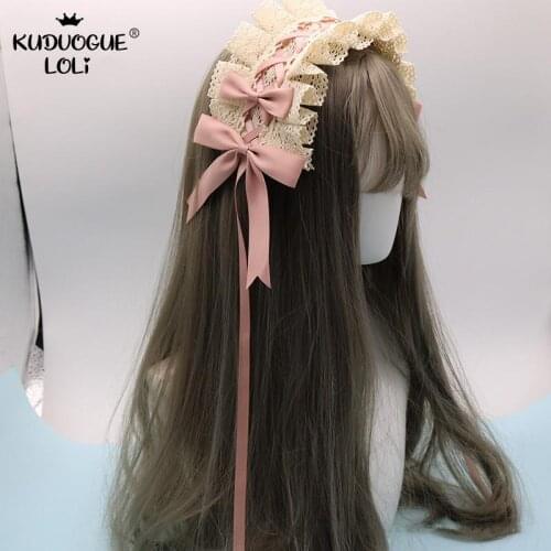 Japanese Style Headband Lolita Girls Sweet Layered Beige Floral Lace Bows Long Ribbons Hidden Clip Headwear Women Accessories