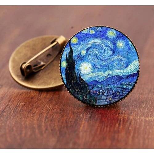 Retro Van Gogh Starry Night Sunflower Brooch The Kiss Art Painting Round Glass Dome Pins Brooches Jewelry