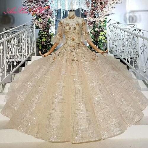 AnXin SH Luxury princess rose flower golden lace high neck beading crystal illusion half sleeve wedding dress 100% real photo