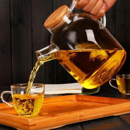 1PC Glass Kettle Water Jug Heat Resistant Flower Teapot With Bamboo Lid Stainless Steel Filter Juice Container JM 1007
