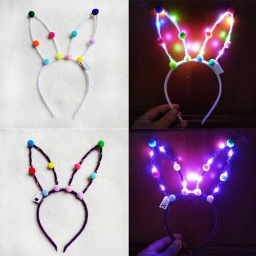 10pcs Light up Pompon Ball Bunny Ears Headband LED Easter Hairbands for Glow Party Decorations Christmas Halloween