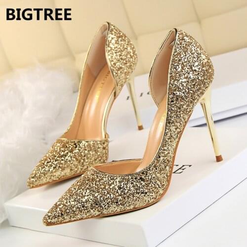 BIGTREE Women Pumps Bling High Heels Women Pumps Glitter High Heel Shoes Woman Sexy Wedding Shoes Gold Silver