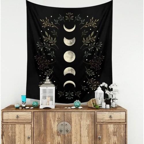 Vintage Moon Phase Wall Hanging Tapestry Mooonlight Green Olive Leaf Black Tapestries Boho Room Wall Decor Home Decoration Wall