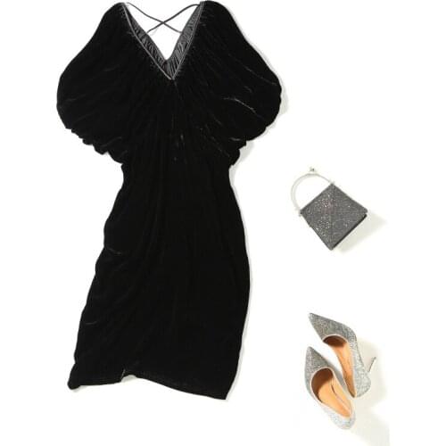 Black Velvet Dress Woman Autumn 2021 New High Quality V-Neck Batwing Sleeves Backless Sexy Dress Midi S-XL