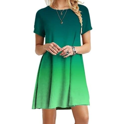 Women Short Sleeve O-Neck Swing T-Shirt Dress Colorblock Gradient Loose Sundress
