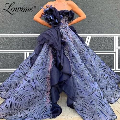 Robe De Soiree 2020 Navy Blue Prom Dresses Feathers Islamic Evening Dress Dubai Party Gowns Middle East New Custom Women Dress