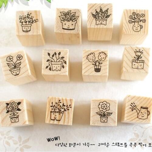12pcs/set Lovely Flower and Smile Wooden Rubber Stamp DIY By Yourself Potting Plant DIY Wood Stamp for Handmade Craft