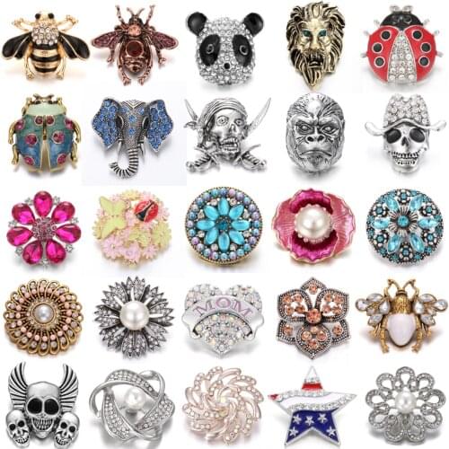 6pcs/lot Big 18mm Snap Jewelry Rhinestone Pearl Fower Elephant Ladybug 18mm Metal Snap Buttons Fit Snap Button Bracelet Necklace