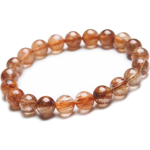 9mm Natural Genuine Brazilian Copper Hair Rutilated Quartz Crystal Round Beads Jewelry Stretch Bracelets For Women Femme