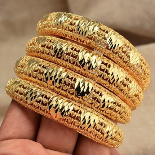 Annayoyo 4Pcs/lot New Ethiopian Dubai 24K Gold Color Heart-shaped Bangle For Women Girl Middle East Project Gifts