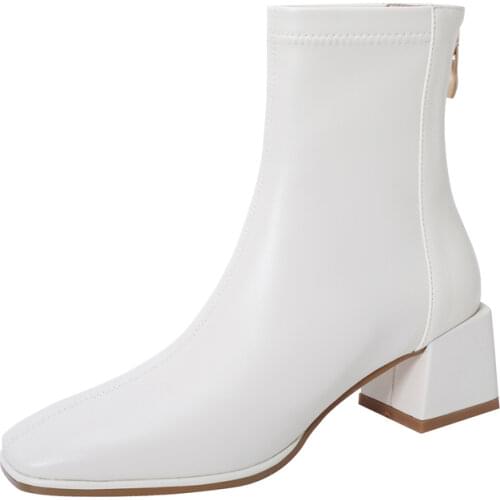 2021 New Autumn Women Leather Ankle Boots Fashion Female Mid Thick Heels Elegant Lady White Black Apricot Square Toe Zip Shoes