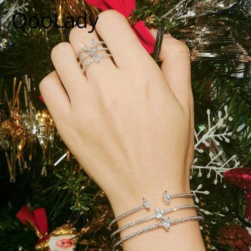 QooLady Korean Exquisite Cuff Adjustable Bracelet Bangle Brilliant White Cubic Zirconia Open Ring Fashion Women Jewelry Set Z085