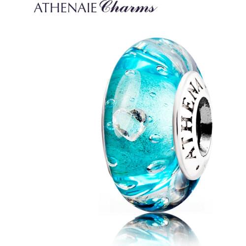 ATHENAIE Genuine Murano Glass 925 Silver Core Effervescence Clear Heart CZ Beads Fit European Charms Bracelets Color Light Blue