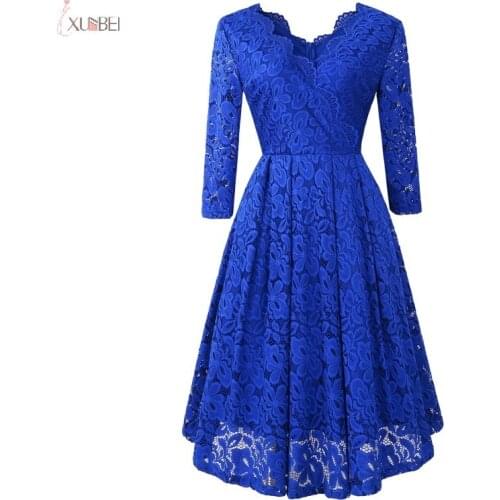 2019 Royal Blue Floral Lace Short Evening Dress V Neck Half Sleeve A line Evening Gown robe de soiree Real Photo In Stock