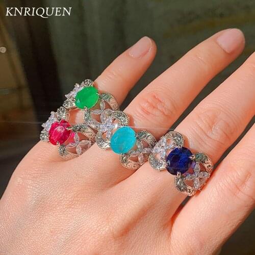 Vintage Luxury Design Hollow Out Paraiba Tourmaline Sapphire Ruby Emerald Cocktail Party Rings Womens 925 Sterling Silver Ring