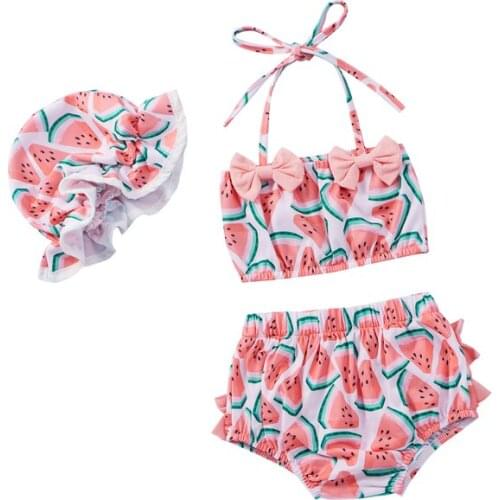 3Pcs Baby Girls Split Swimsuit Set Watermelon Print Sleeveless Bikini with Bow-knot+Shorts+Stretchy Hat Kids Girl Beachwear