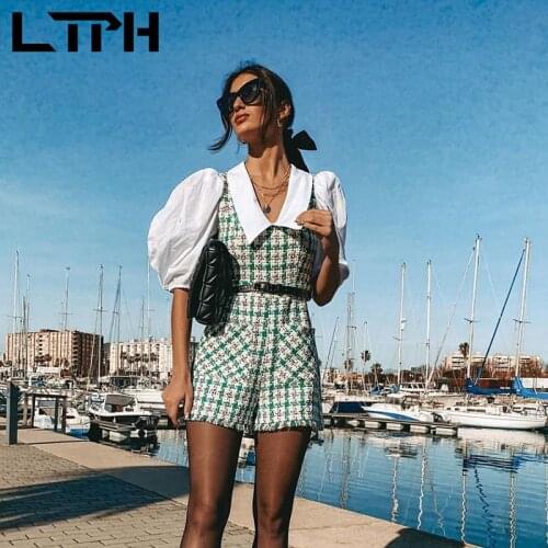 LTPH vintage green plaid jumpsuit women elegance puff sleeve high waist belt Streetwear Rompers zipper Playsuits 2021 spring new