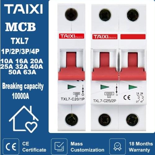 MCB AC Circuit Breaker TXL7 1P 2P 3P 4P High Breaking Capacity 10A 16A 20A 25A 32A 40A 50A 63A Overload Short Circuit Protection