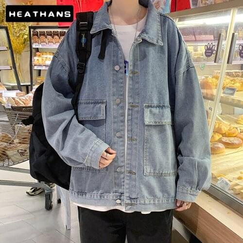 Denim Jacket Mens Spring Autumn Korean Style Handsome Jean Jacket For Male Loose Oversize Simple Single Breasted Denim Tops Men