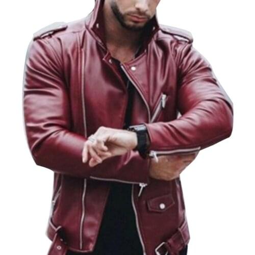 Jackets Fall Chic Men Solid Color Faux Leather Stand Collar Zip Up Jacket Coat