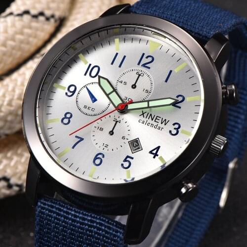 XINEW Men Watch 2018 Luminous Hands Nylon Band Watch with Date Calendar Steel Back Reloj Hombre Marca Montre Homme de Marque