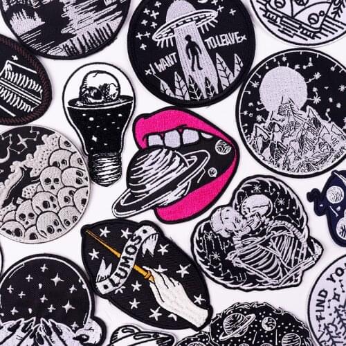 Space Adventure Patch Punk Skull Badges Embroidered Patches For Clothing Thermoadhesive Patches UFO Applique Patches On Clothes