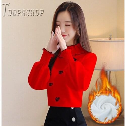 2019 Autumn Winter Embroidery Women Blouse Lining With Fluff Long Sleeve Female Blouses