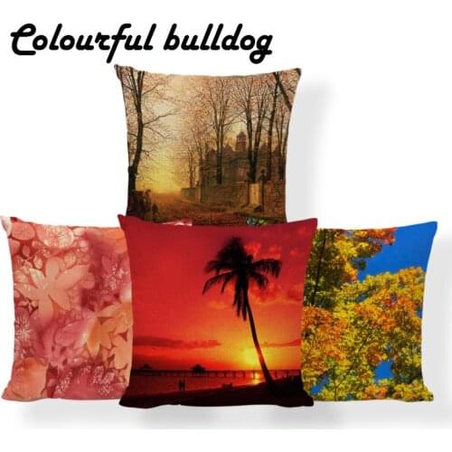 Fall Palm Tree Ocean Cushion Cover Sunset Maple Leaf Forest Pillows Ethnic Lounge Holiday Gift Pillow With Cover Square Burlap