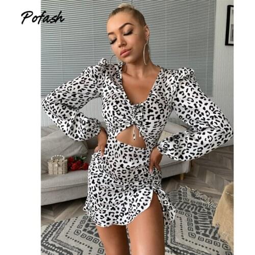 Pofash White Leopard Shirred Sexy Dress Women Hollow Out Irregular Ruffle Hem Bodycon Skinny Dresses Spring V Neck Club Vestidos