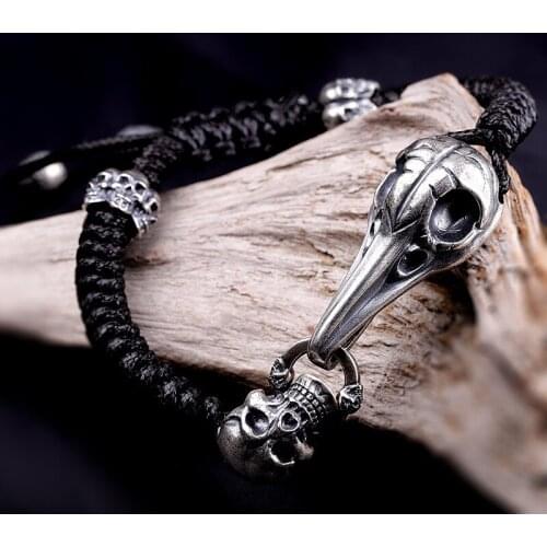 Real 925 Sterling Silver color Bracelet Men Retro Skeleton Rope Mens Bracelets HandmadeSilver Eagle Skull Braided Man Jewelry